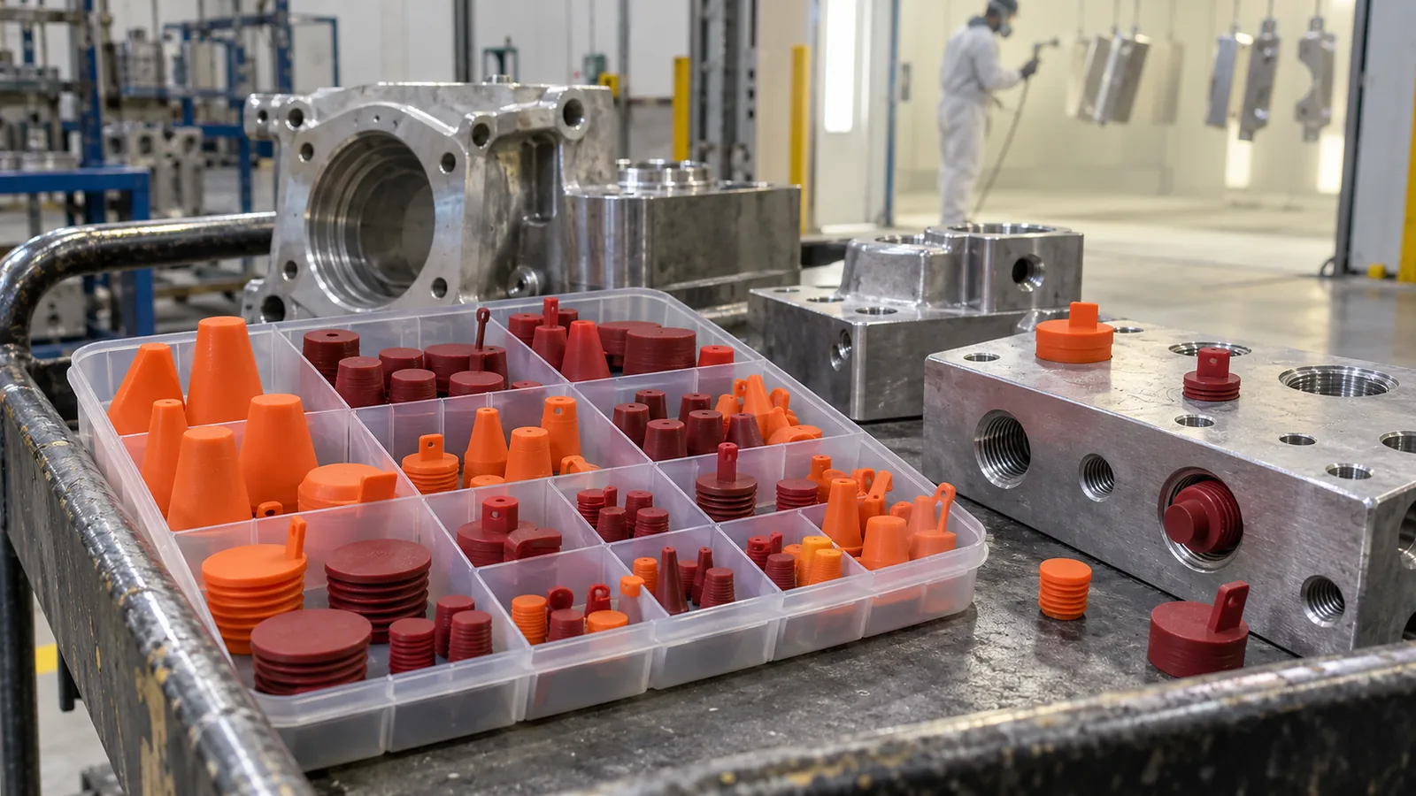 Orange and dark red threaded silicone masking plugs arranged beside machined metal components on a finishing preparation cart