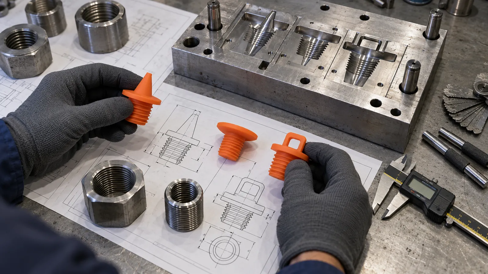 Masking Plug DFM and Tooling Review Engineer comparing threaded silicone masking plug prototypes with gauges drawings and a compression mold insert