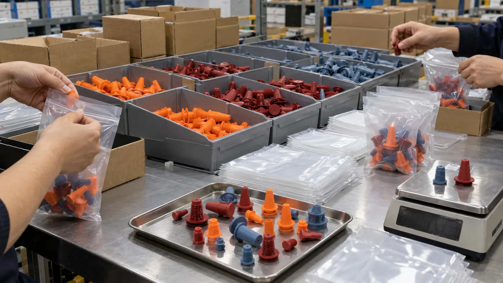 Size Coding and Kit Pack-Out Silicone threaded masking plugs sorted by size and color into mixed kits and bulk refill bags