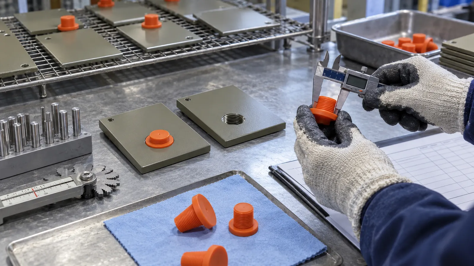 Process Fit and Removal Validation Quality technician checking masking plugs and coated threaded metal coupons after a controlled finishing cycle