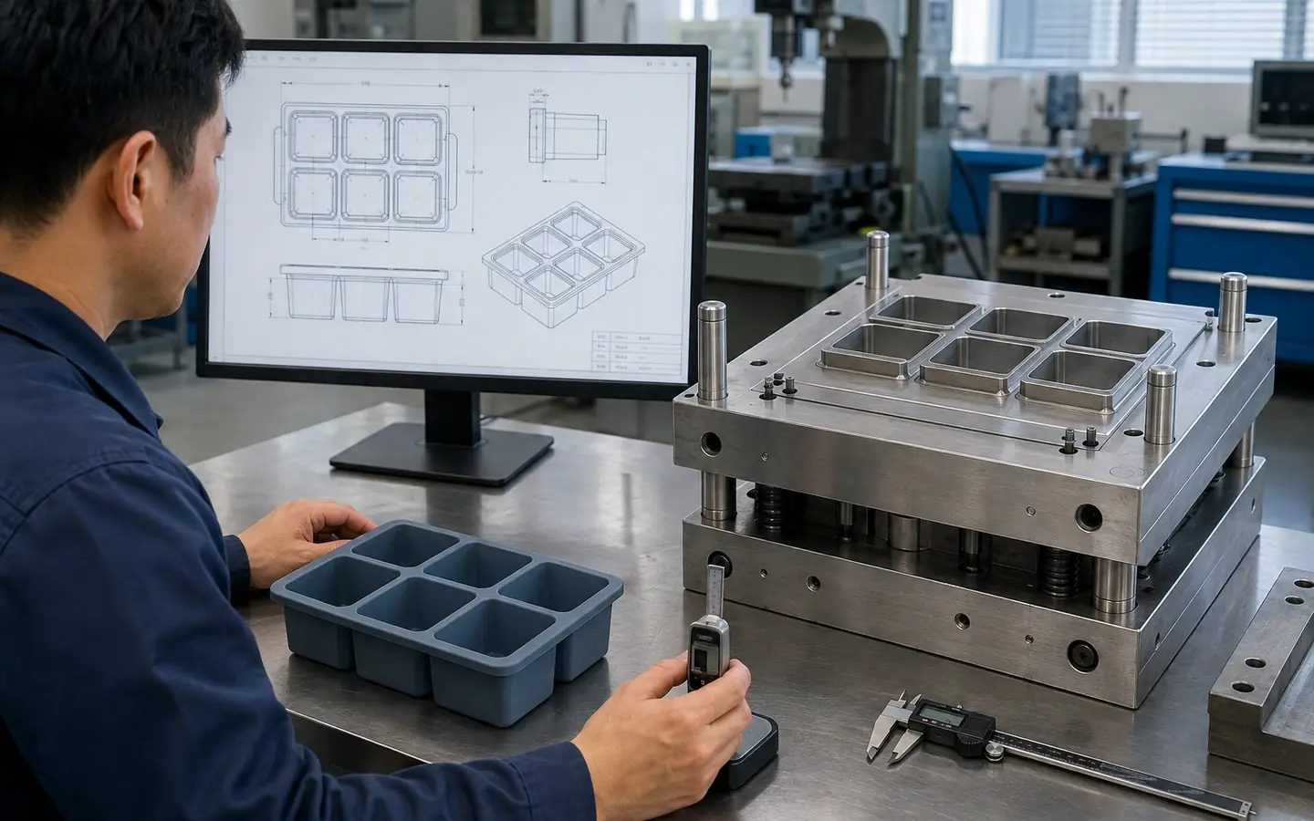 Engineer reviewing CAD and compression tooling for a custom silicone whiskey ice cube tray