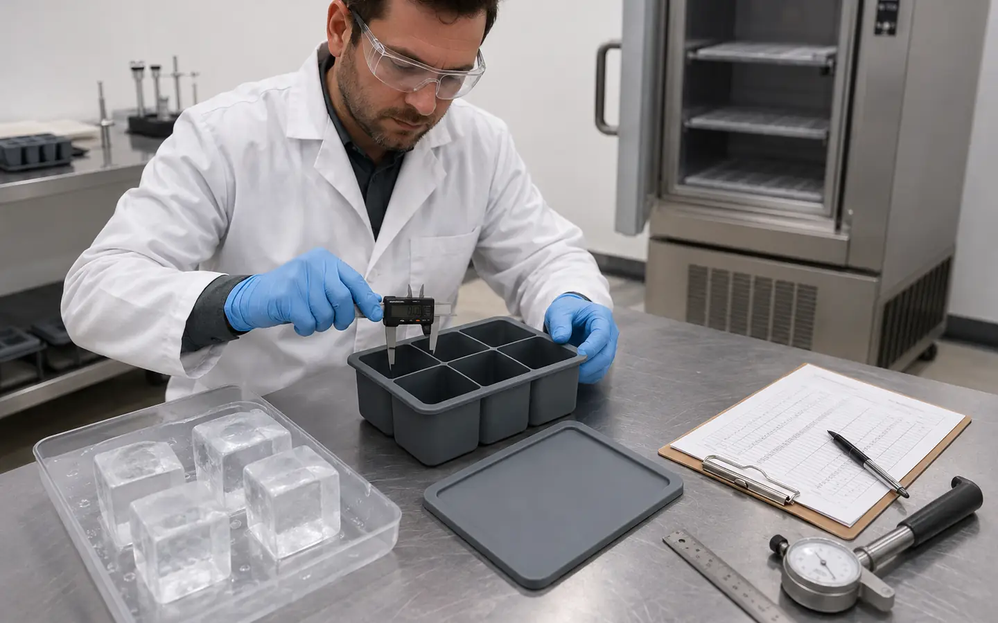 Dimensional lid-fit and freezer validation for a large silicone ice cube tray