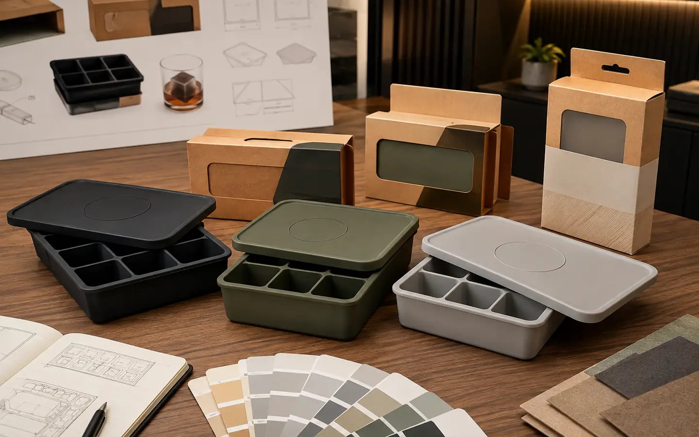 Private-label silicone whiskey ice cube trays with color references and retail packaging