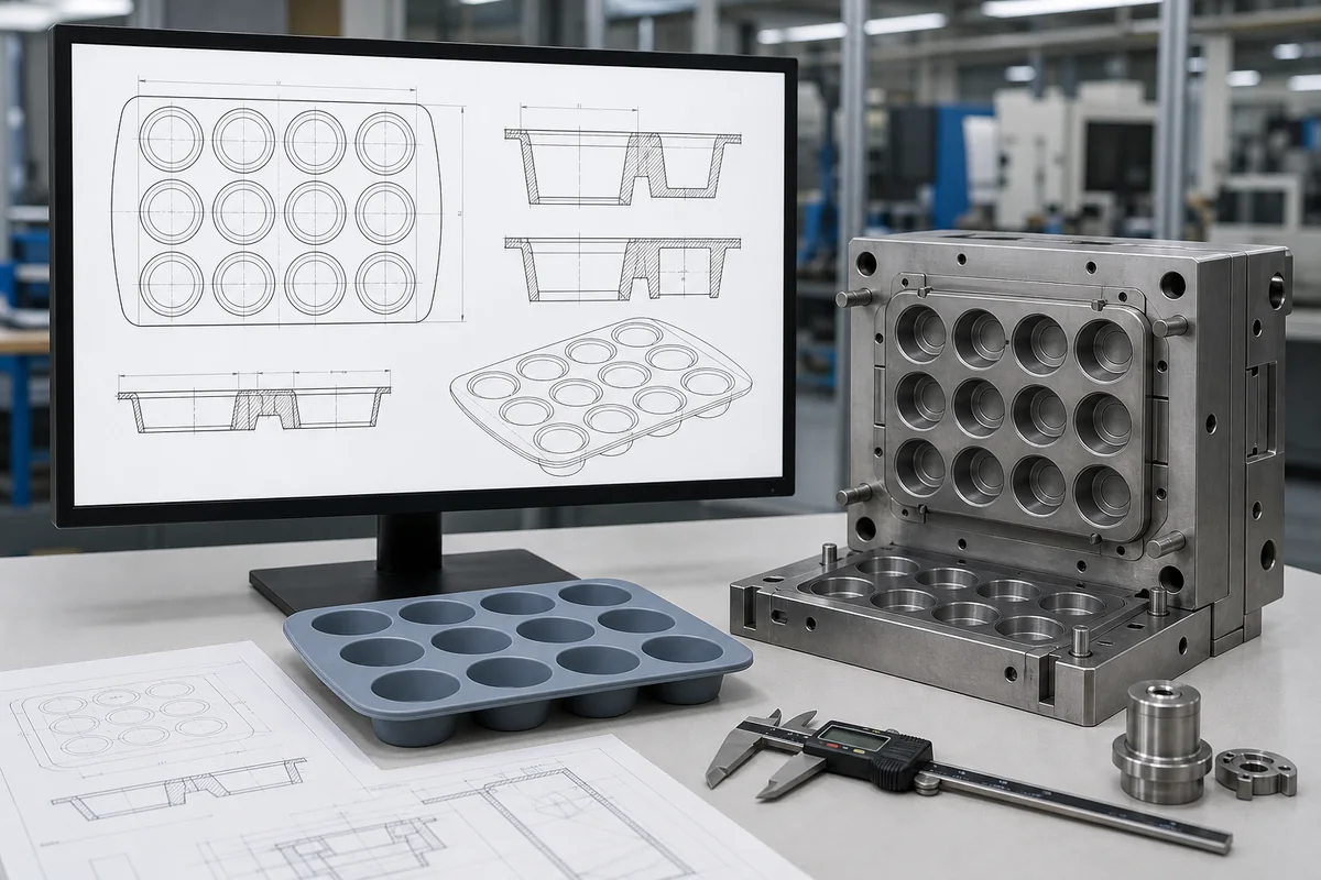 CAD drawing prototype and compression tooling review for a twelve-cavity silicone muffin pan