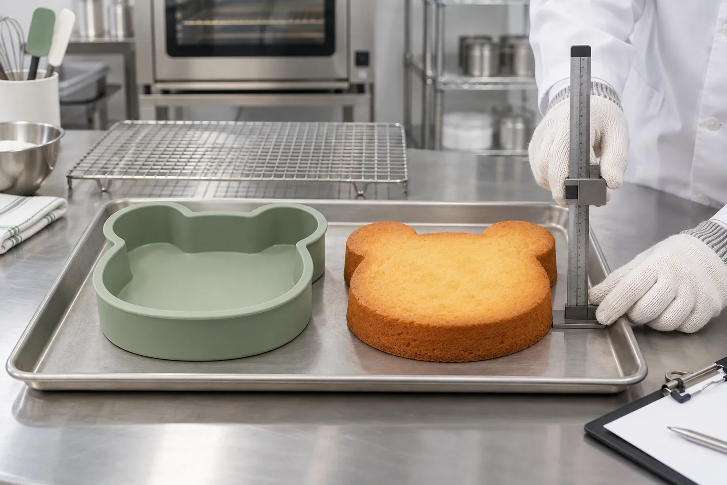 Bake, Release and Shape Validation Sage character cake mold with released golden cake during dimensional validation