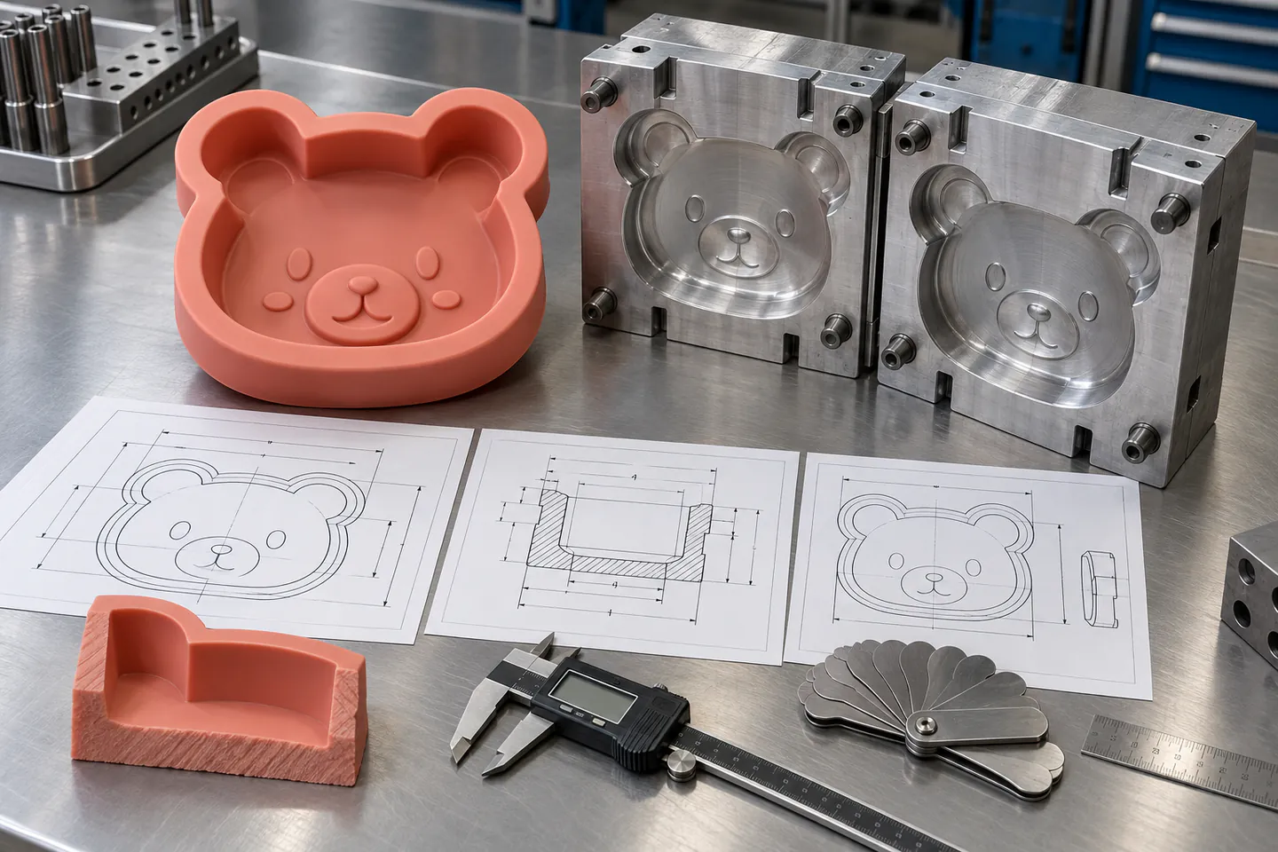 Character Mold DFM and Tooling Review Character cake mold beside compression tooling drawings caliper and section sample