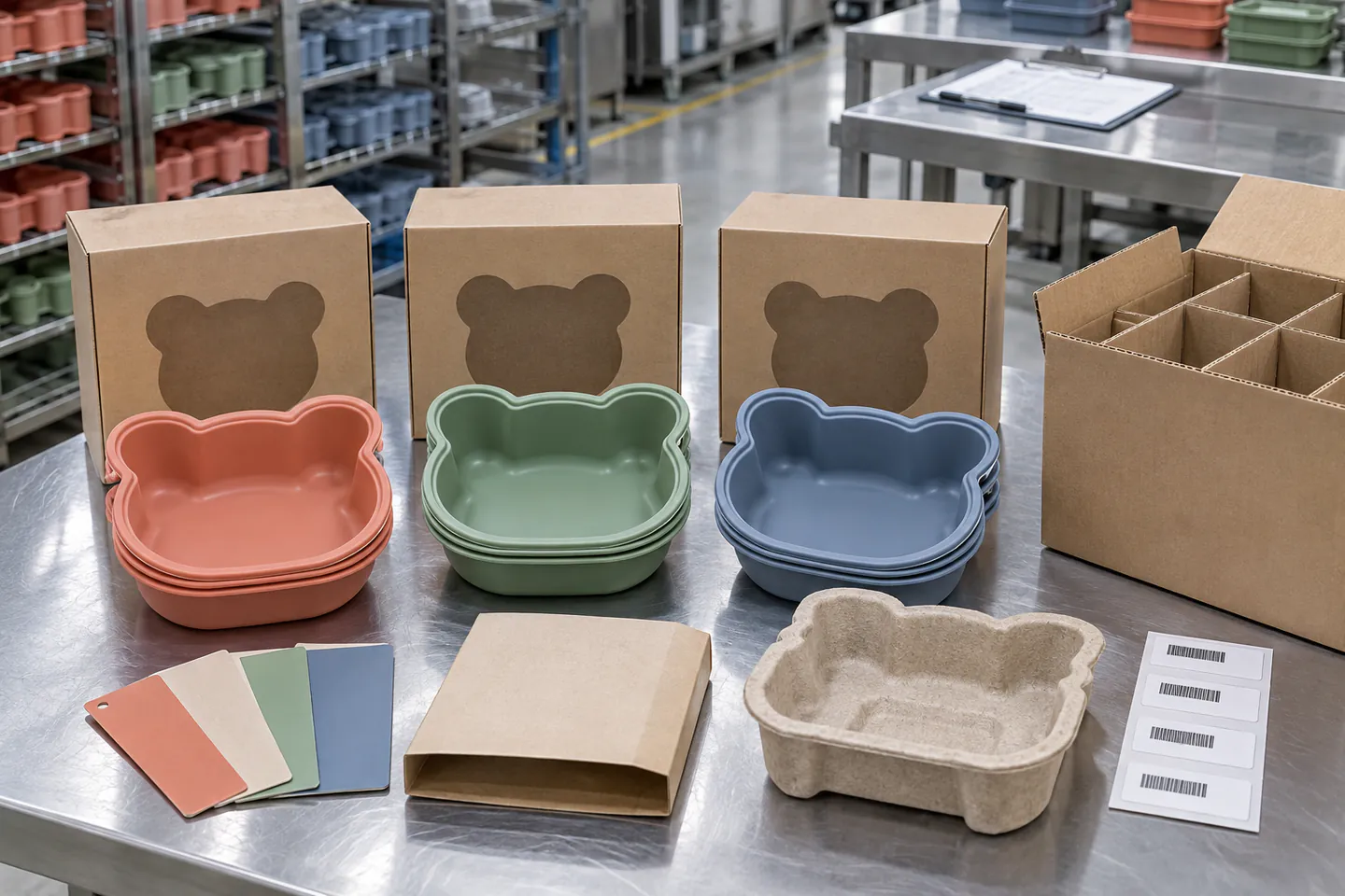 Private-Label Character Mold Packout Coral sage and blue character cake molds with kraft private-label packaging