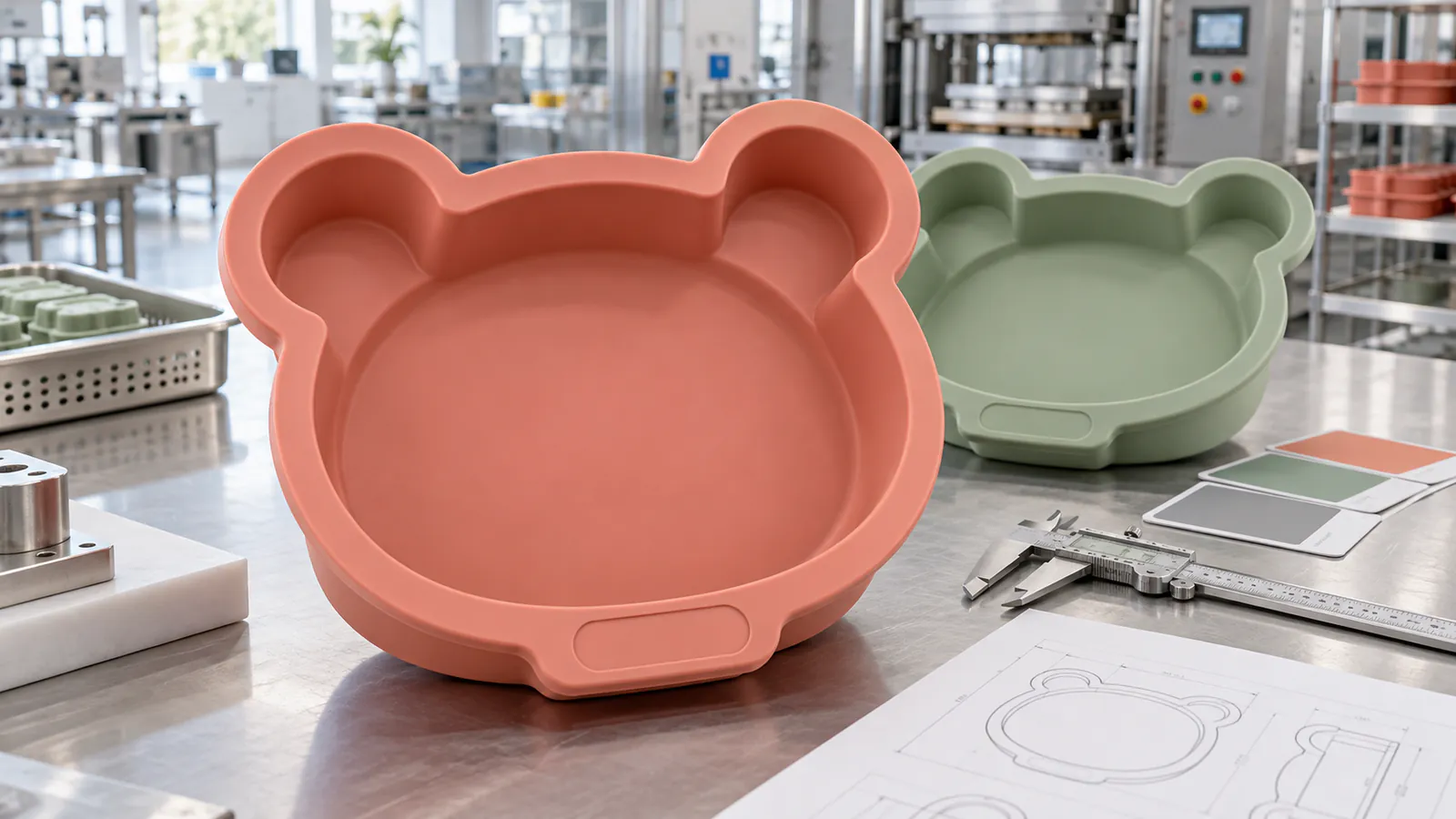 Coral and sage custom silicone character cake molds in a factory development setting