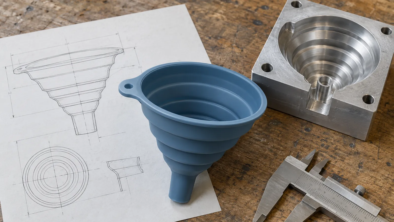 Illustrative silicone funnel prototype beside an engineering drawing and mold insert