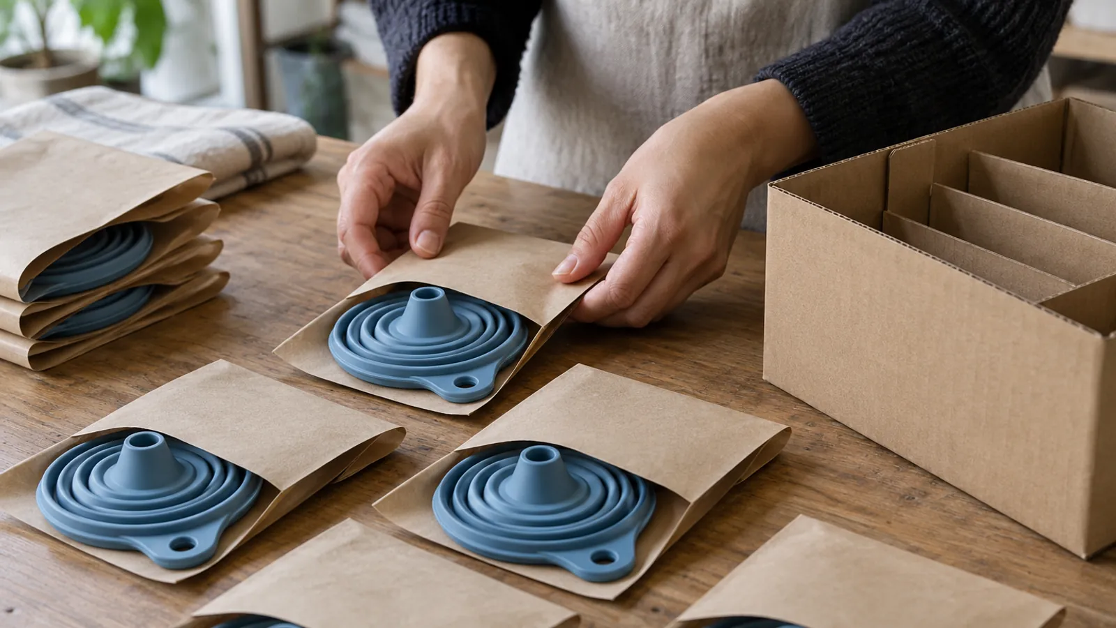 Illustrative flat-packed blue silicone funnels in unprinted kraft sleeves