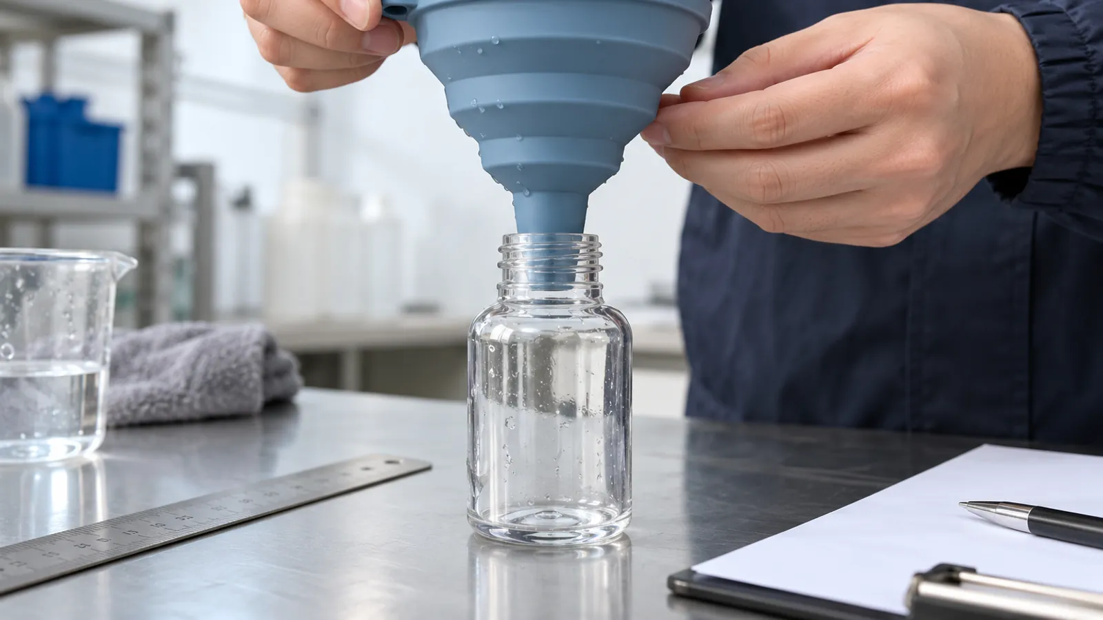 Illustrative close-up check of funnel fold recovery and bottle-neck alignment