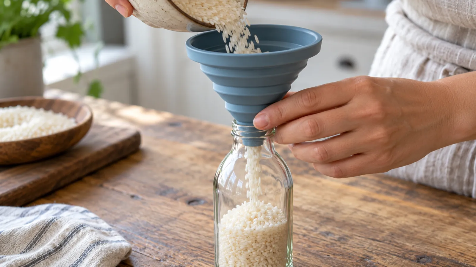 Illustrative blue collapsible silicone funnel transferring dry rice into a glass bottle