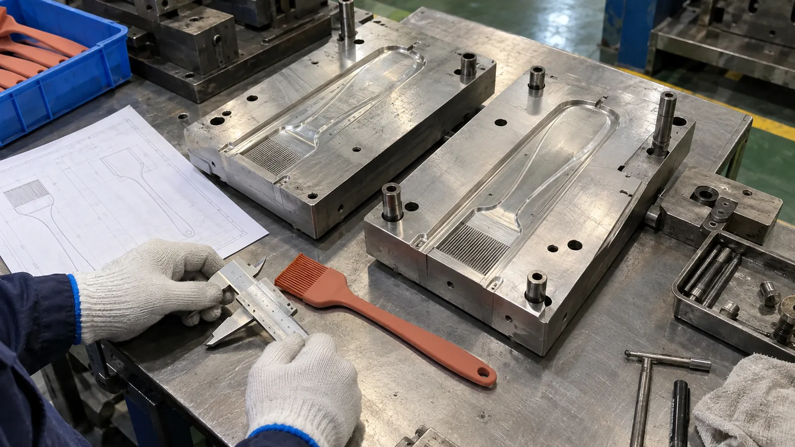 Bristle DFM and Tooling Review Open aluminum silicone basting brush tooling reviewed with a first article and calipers