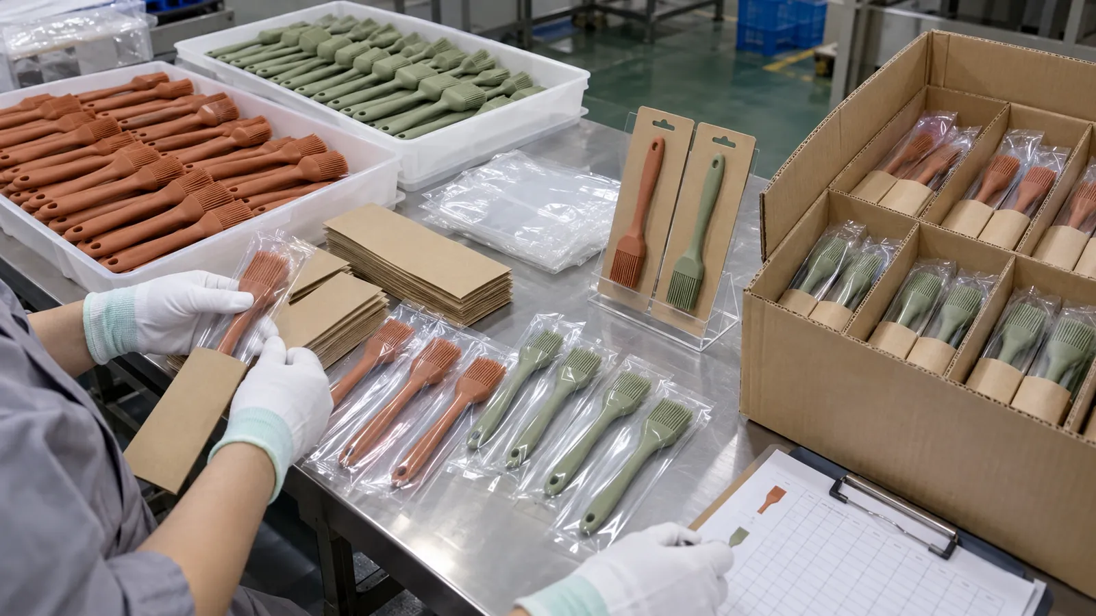 Private-Label Identification and Pack-Out Terracotta and sage silicone basting brushes packed with paper sleeves and divided cartons