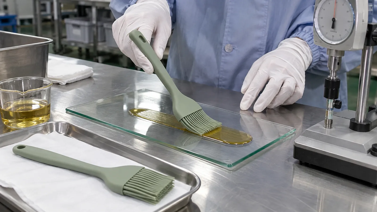 Spread and Bristle Recovery Evaluation Sage silicone basting brush undergoing controlled coating spread and bristle recovery evaluation