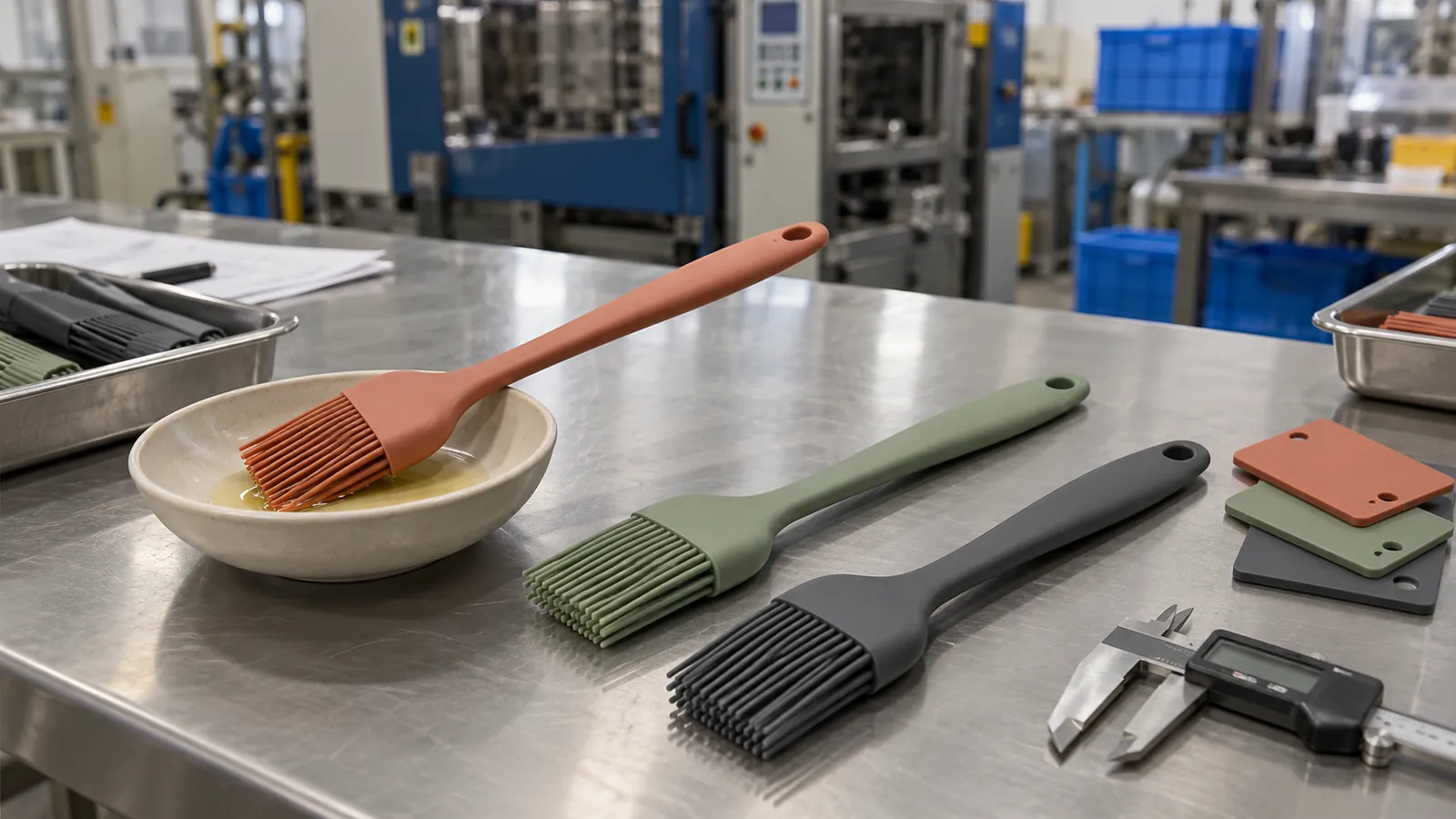 Terracotta sage and charcoal silicone basting brushes on a factory quality-control bench