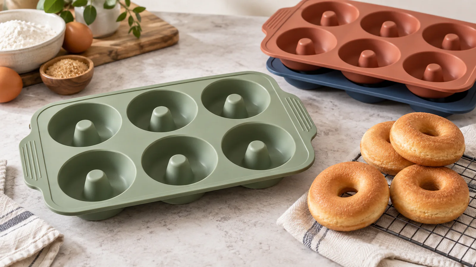 Custom six-cavity silicone donut baking molds in coordinated private-label colors
