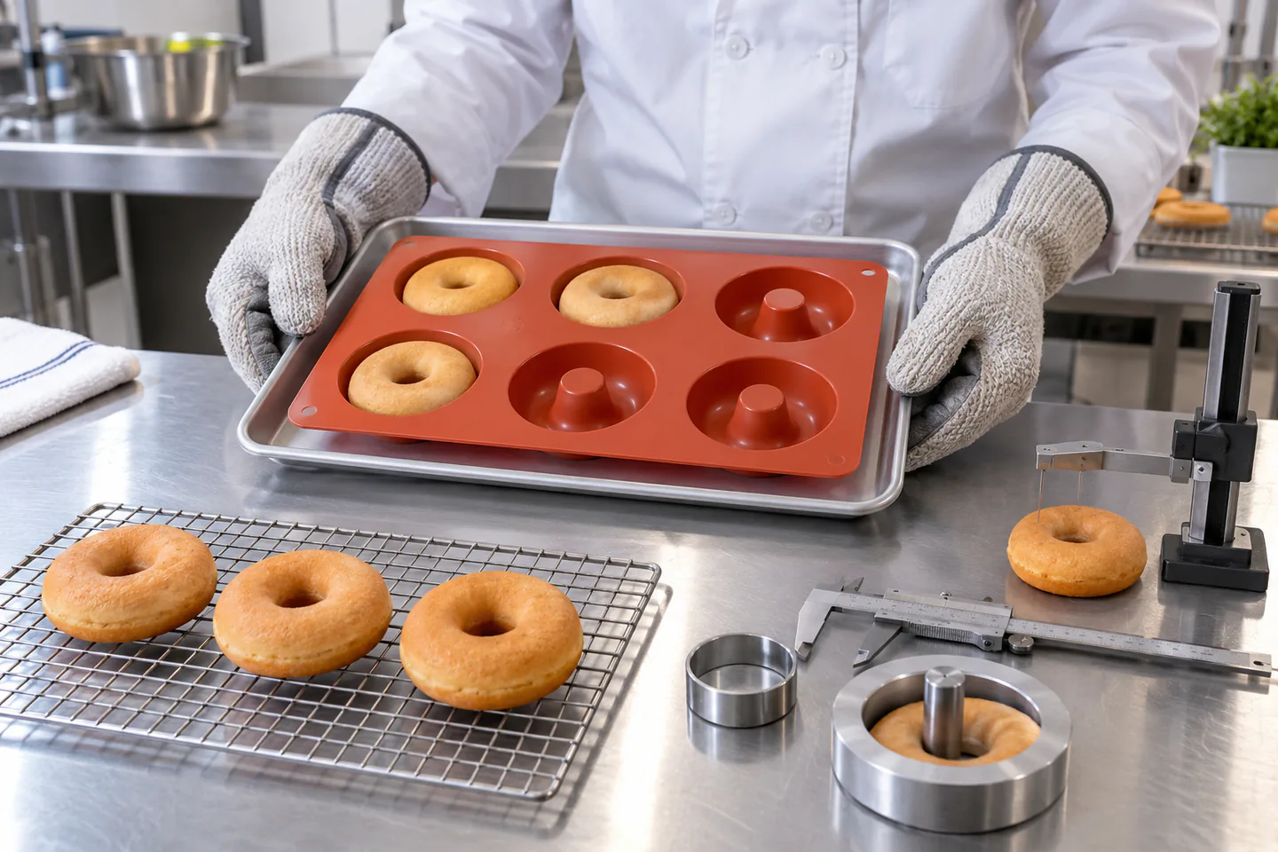 Representative Baking and Release Validation Representative baking release and dimensional validation for a six-cavity silicone donut mold