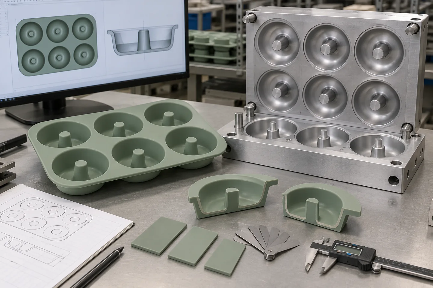 Donut Mold DFM and Tooling Review Silicone donut mold prototypes with dimensional drawing gauges and compression tooling