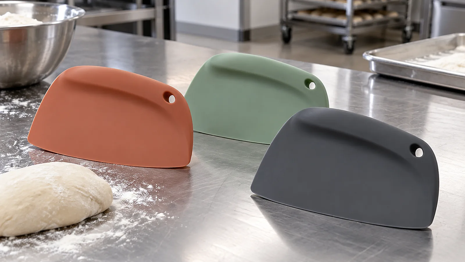 Terracotta sage and charcoal one-piece silicone dough scrapers on a bakery quality bench