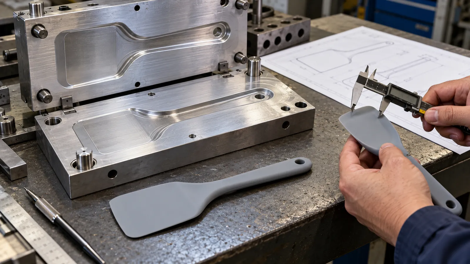 Edge DFM and Tooling Review Illustrative aluminum tooling and first-article review for a silicone dough scraper