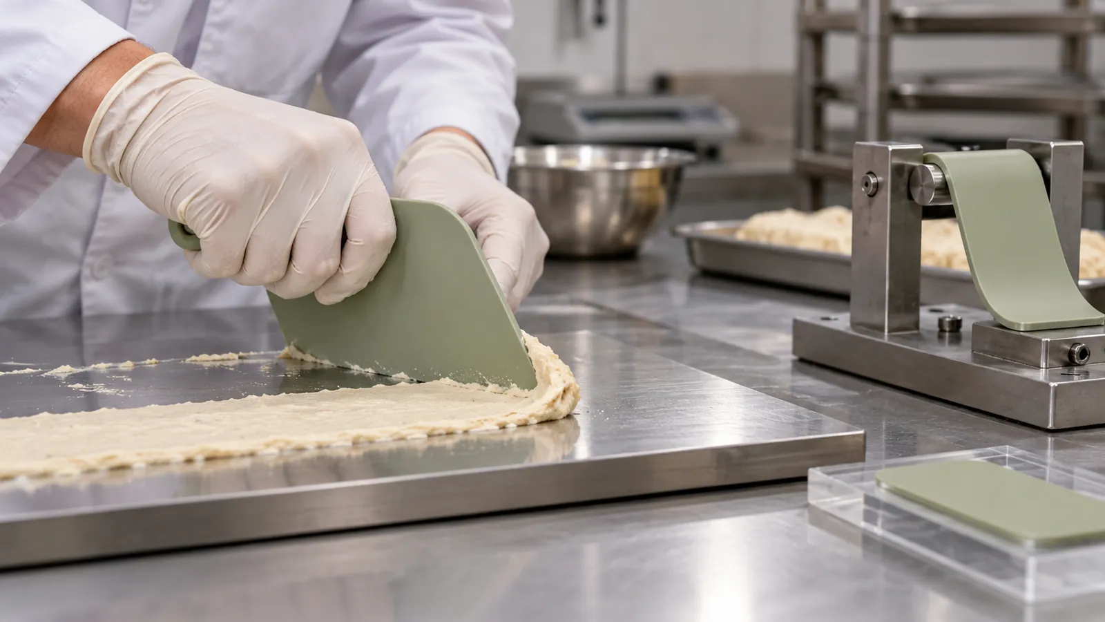 Scraping and Edge Recovery Evaluation Illustrative controlled scraping and edge recovery evaluation for a sage silicone dough scraper