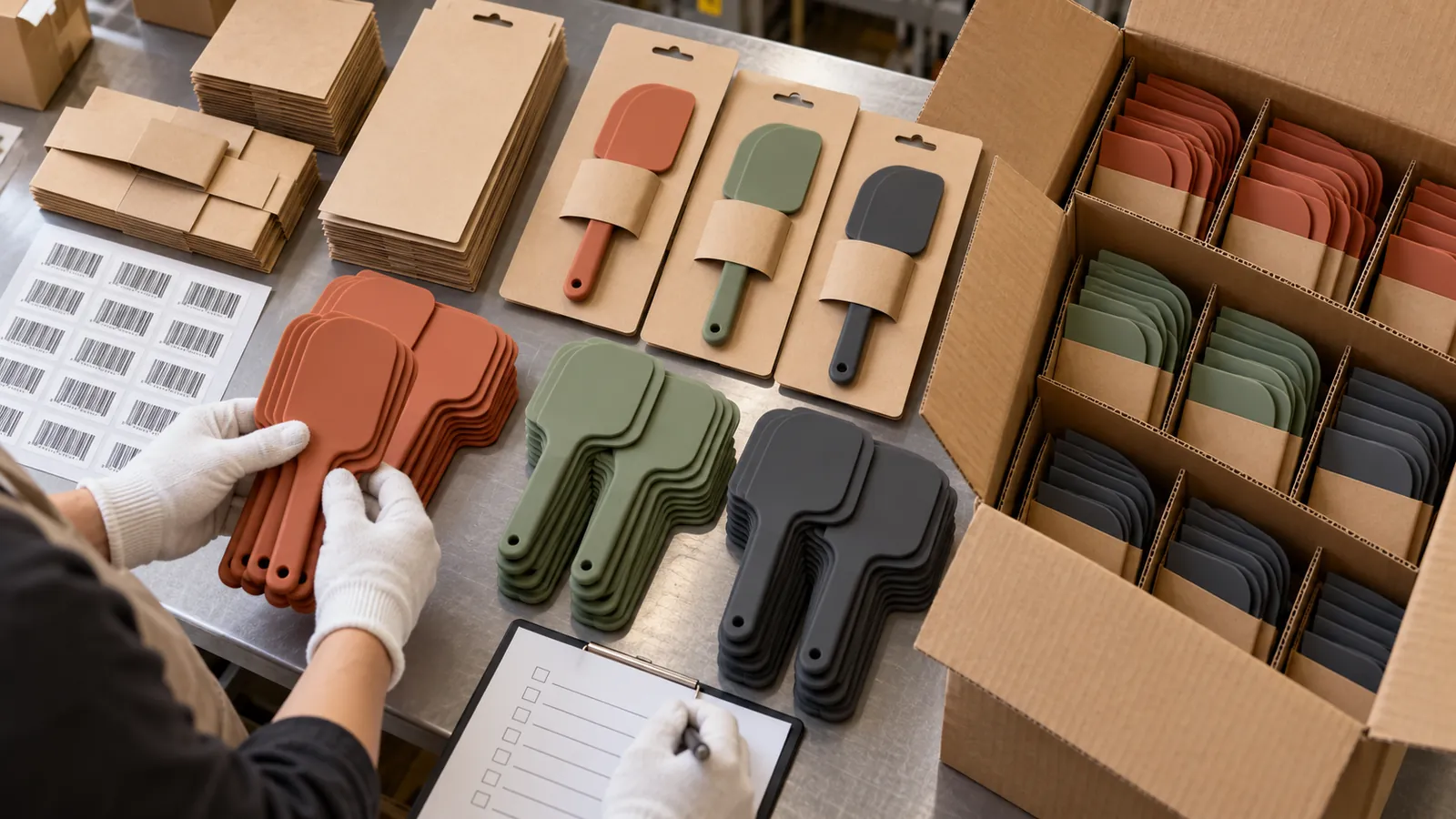 Private-Label Identification and Pack-Out Illustrative silicone dough scrapers sorted by color with kraft sleeves and export-carton dividers