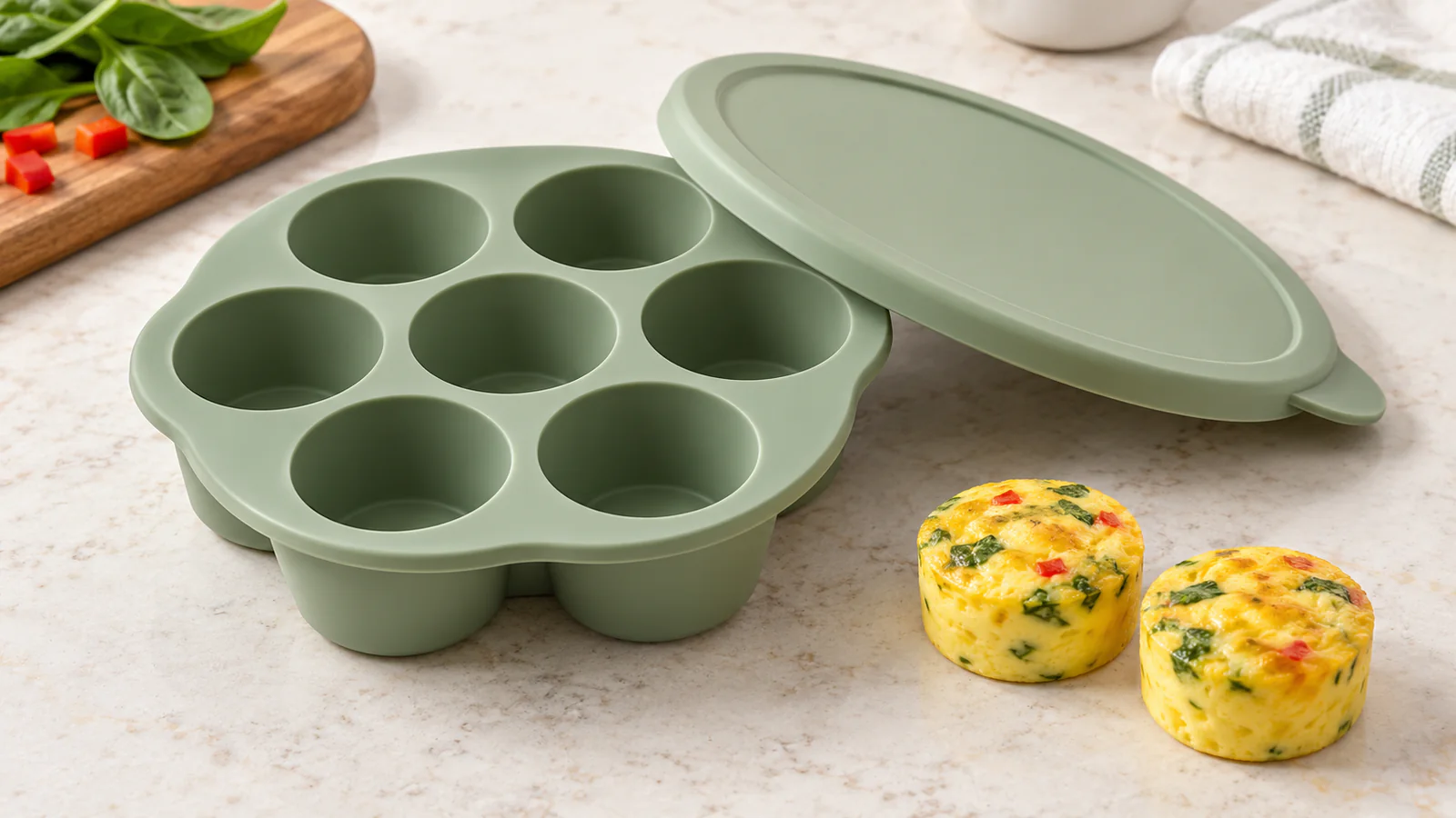 Sage custom silicone seven-cavity egg bite mold with matching lid and cooked portions