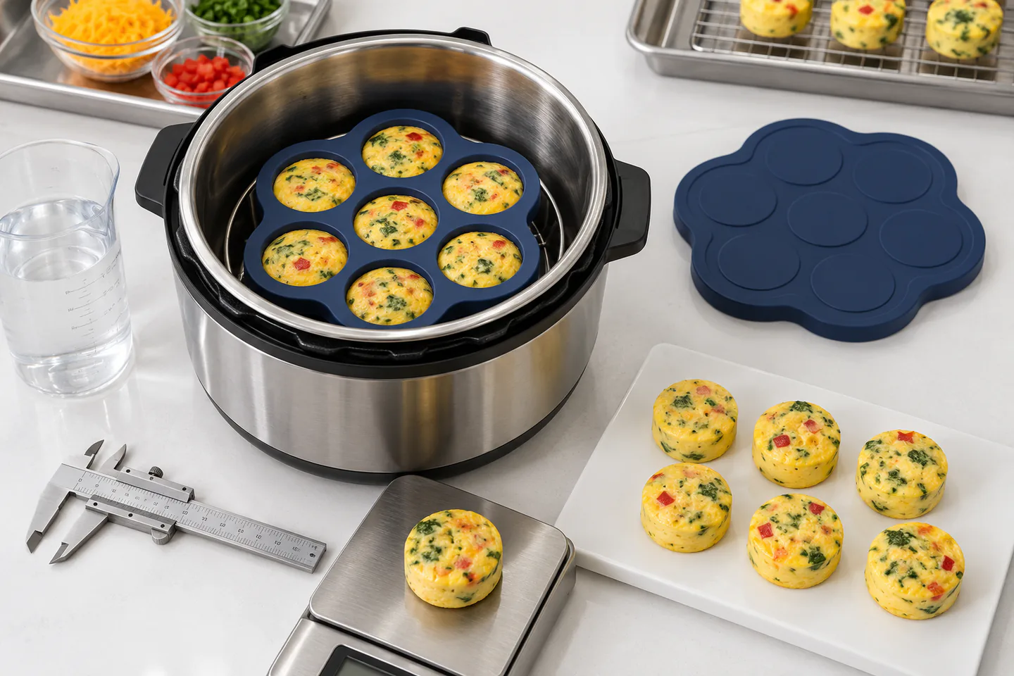 Silicone egg bite mold undergoing appliance fit cavity volume lid and release validation