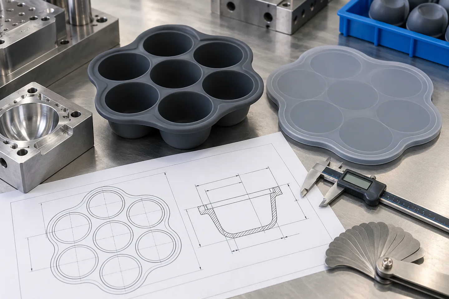 Seven-cavity egg bite mold prototype beside section drawing caliper gauges and mold tooling