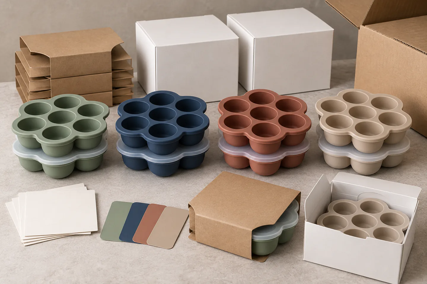 Custom silicone egg bite molds in sage navy terracotta and sand with blank retail packaging