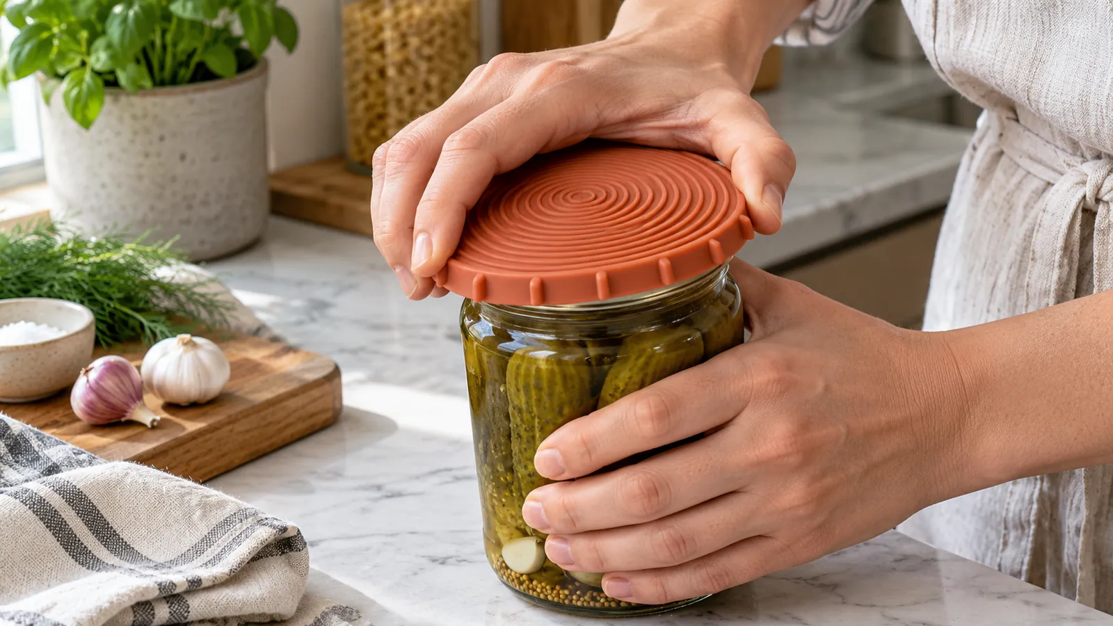 Illustrative terracotta ribbed silicone grip pad held on a pantry jar lid