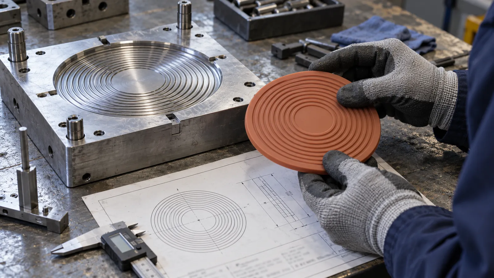 Illustrative ribbed grip pad and compression mold cavity inspected on an engineering bench