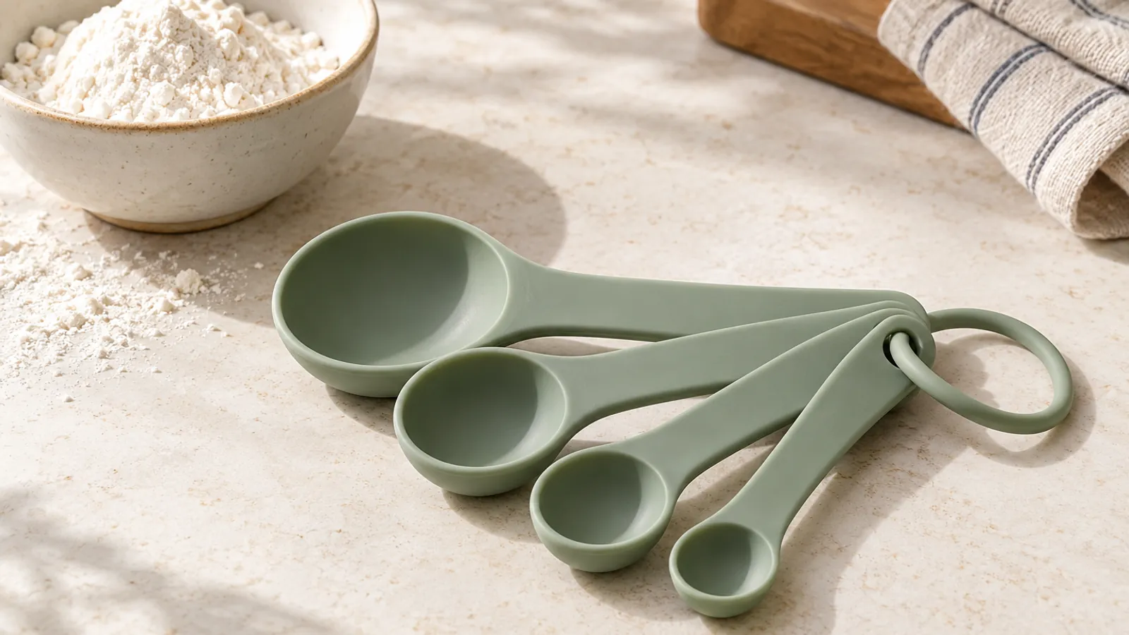 Illustrative four-size sage green silicone measuring spoon set on a kitchen worktop