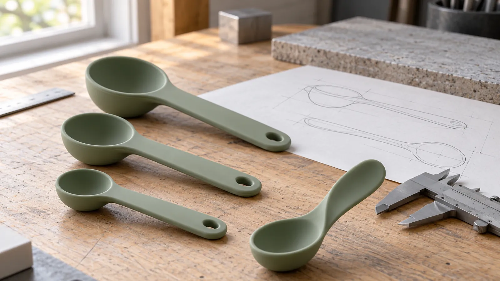 Illustrative silicone measuring spoons beside an engineering sketch and caliper
