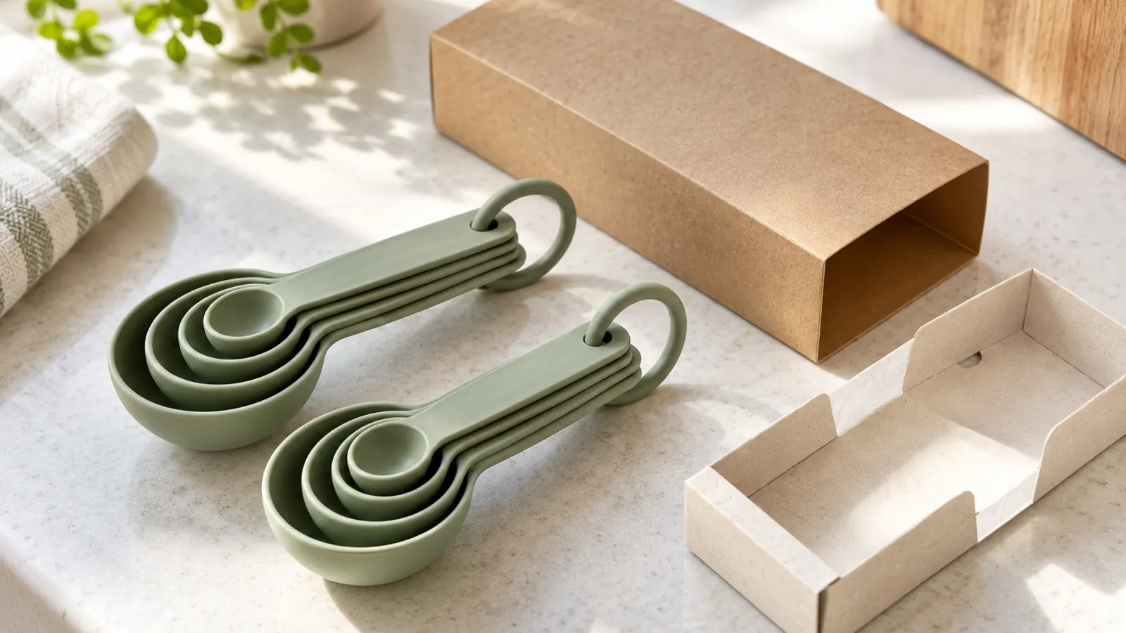 Illustrative nested silicone measuring spoon sets beside blank paperboard packaging