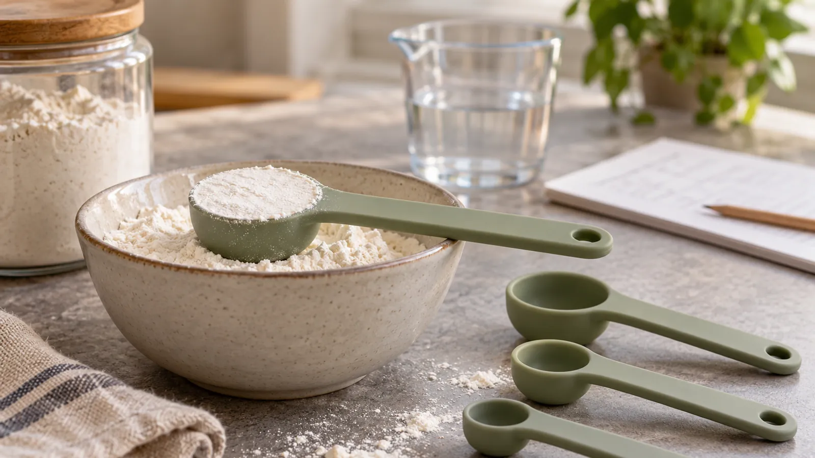 Illustrative measuring spoon leveled with flour beside other set sizes