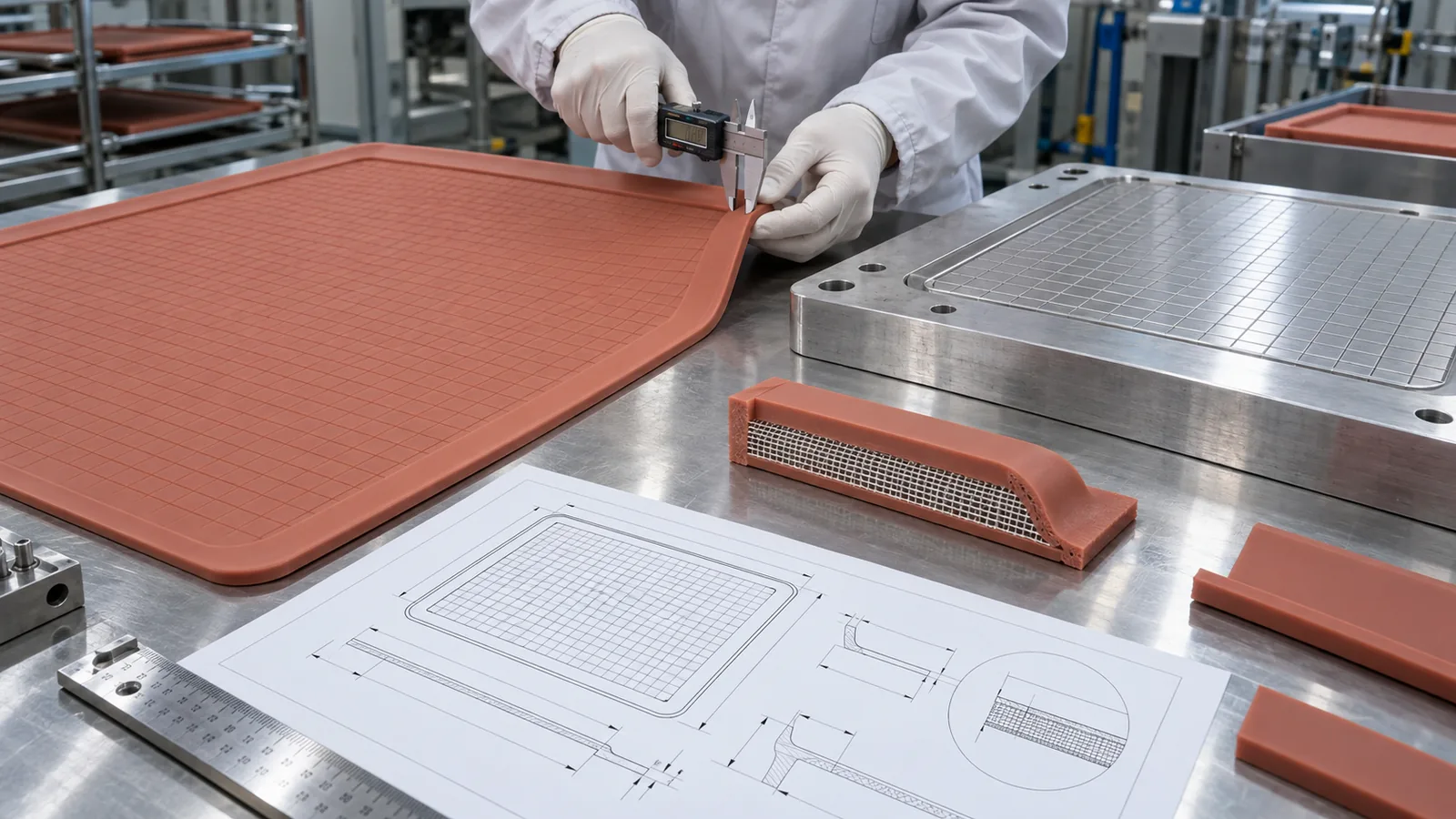 Engineer measures pastry mat edge beside flat tooling and a reinforcement cross-section