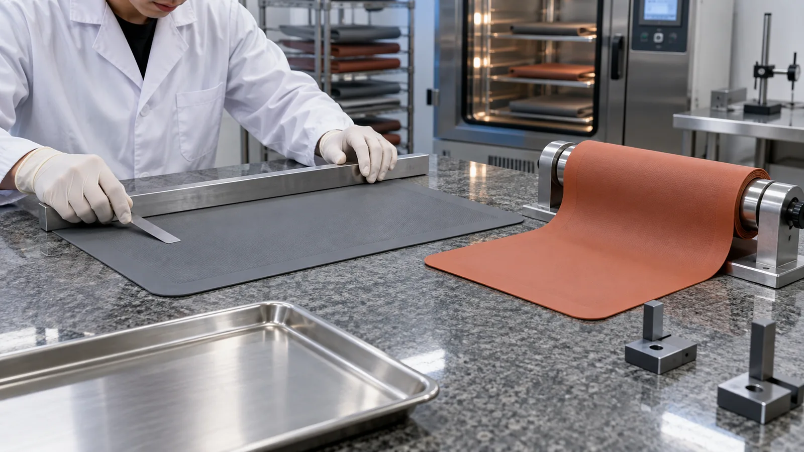 Technician checks baking mat flatness and roll recovery on a granite inspection table