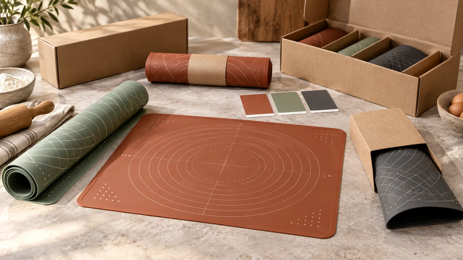 Three pastry baking mat colorways with blank sleeves rolled packs and export carton