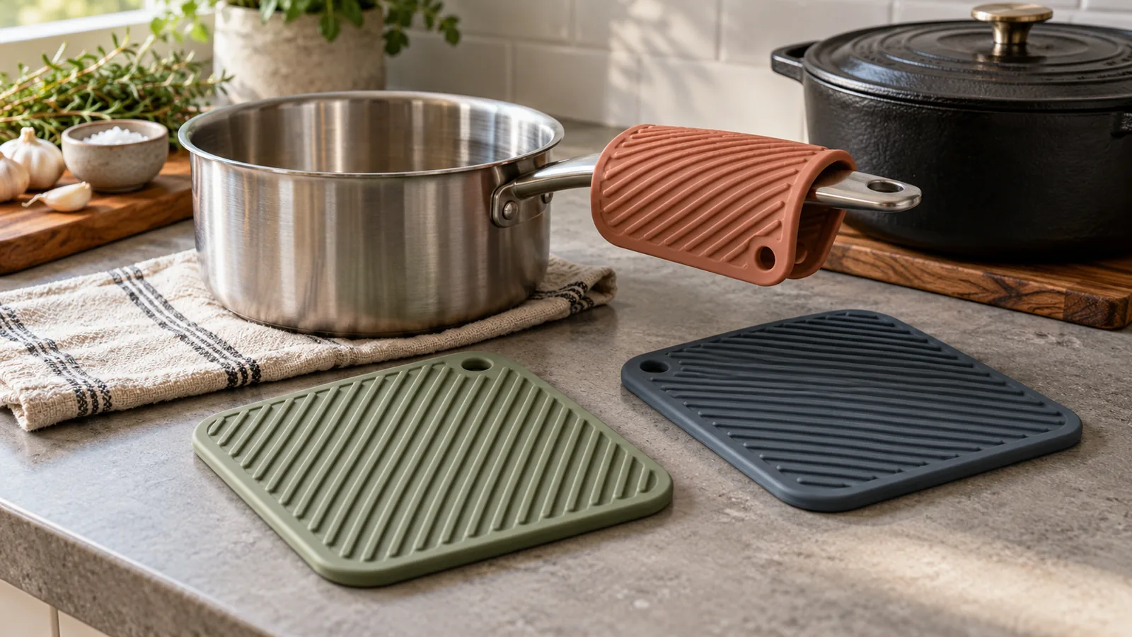 Muted terracotta and slate silicone textured pot holders beside a saucepan on a kitchen work surface
