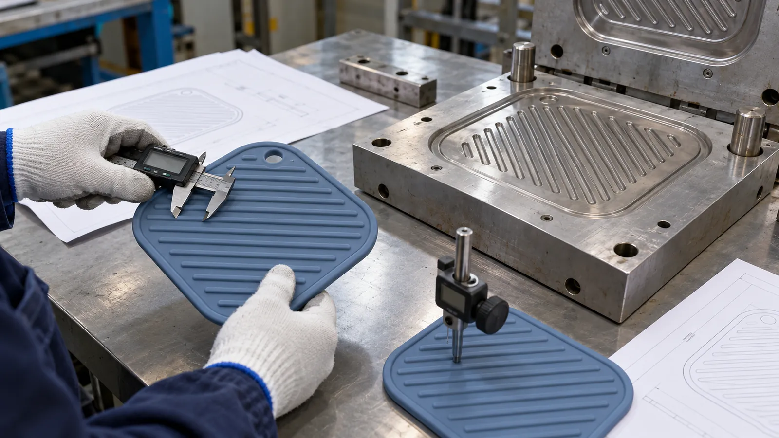 Engineer measuring textured silicone pot holder ribs beside precision compression tooling