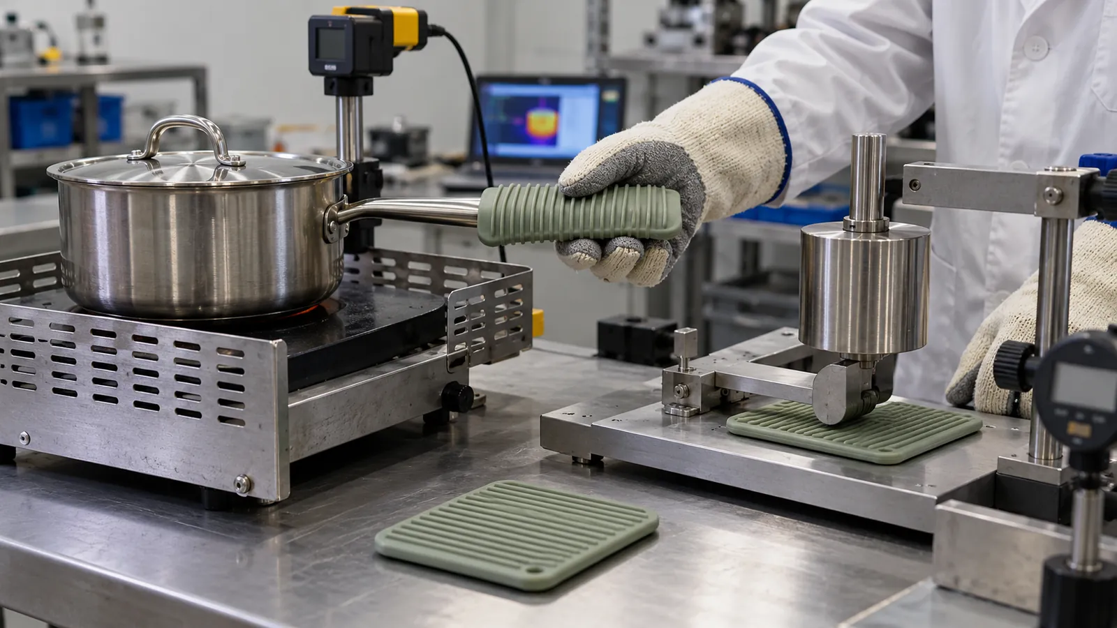 Technician evaluating a silicone pot holder with a loaded saucepan handle and temperature measurement fixture