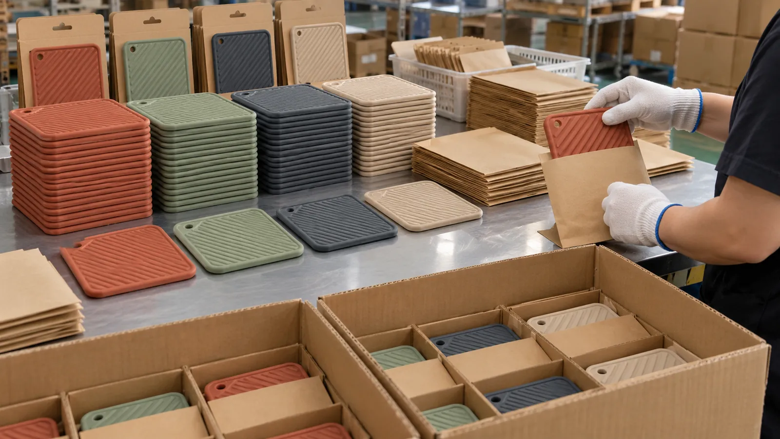 Color-sorted silicone textured pot holders prepared with paper sleeves and divided export cartons