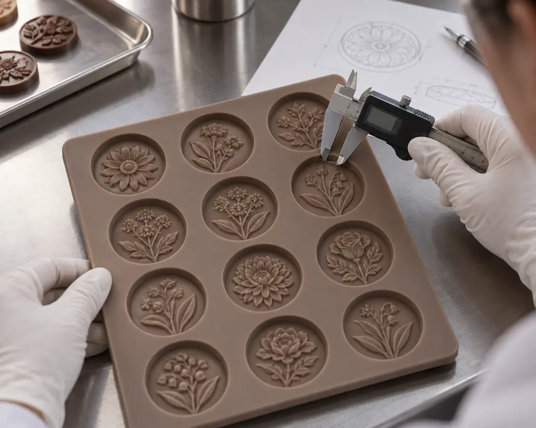 Gloved engineer reviews circular botanical chocolate cavities with a caliper