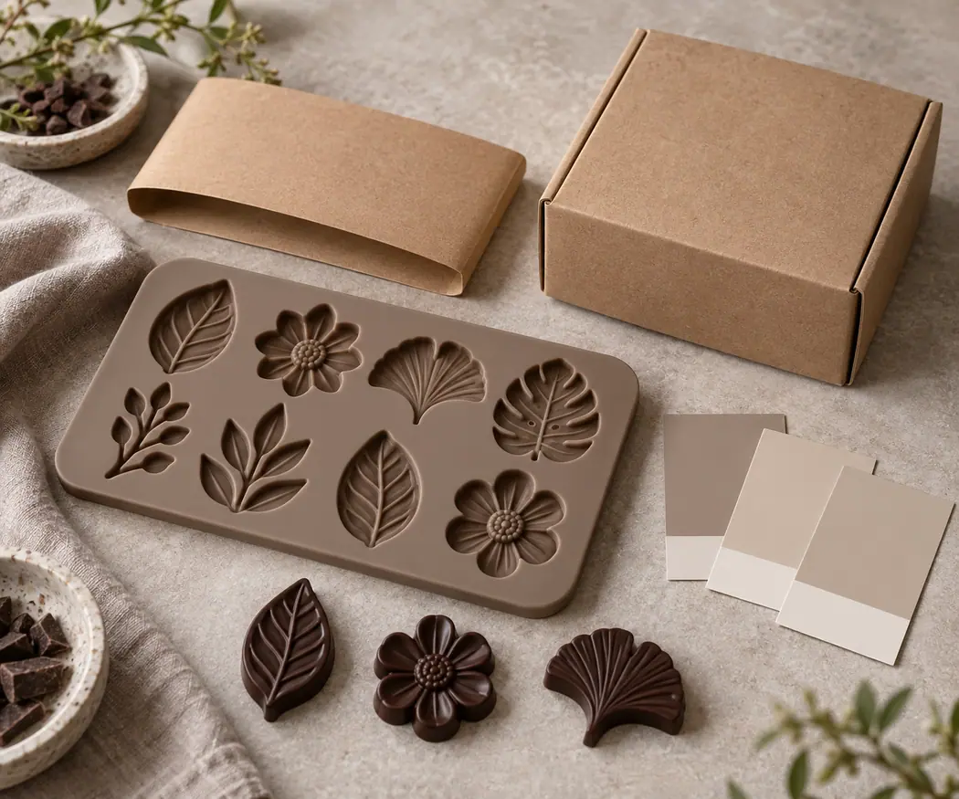 Botanical silicone chocolate mold with chocolate samples, blank kraft box and color chips