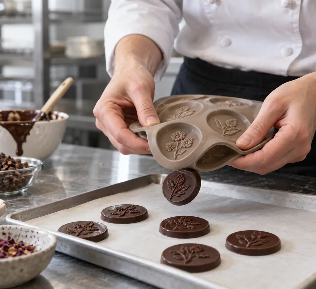 Confectioner flexes a silicone floral chocolate mold to release a dark chocolate piece