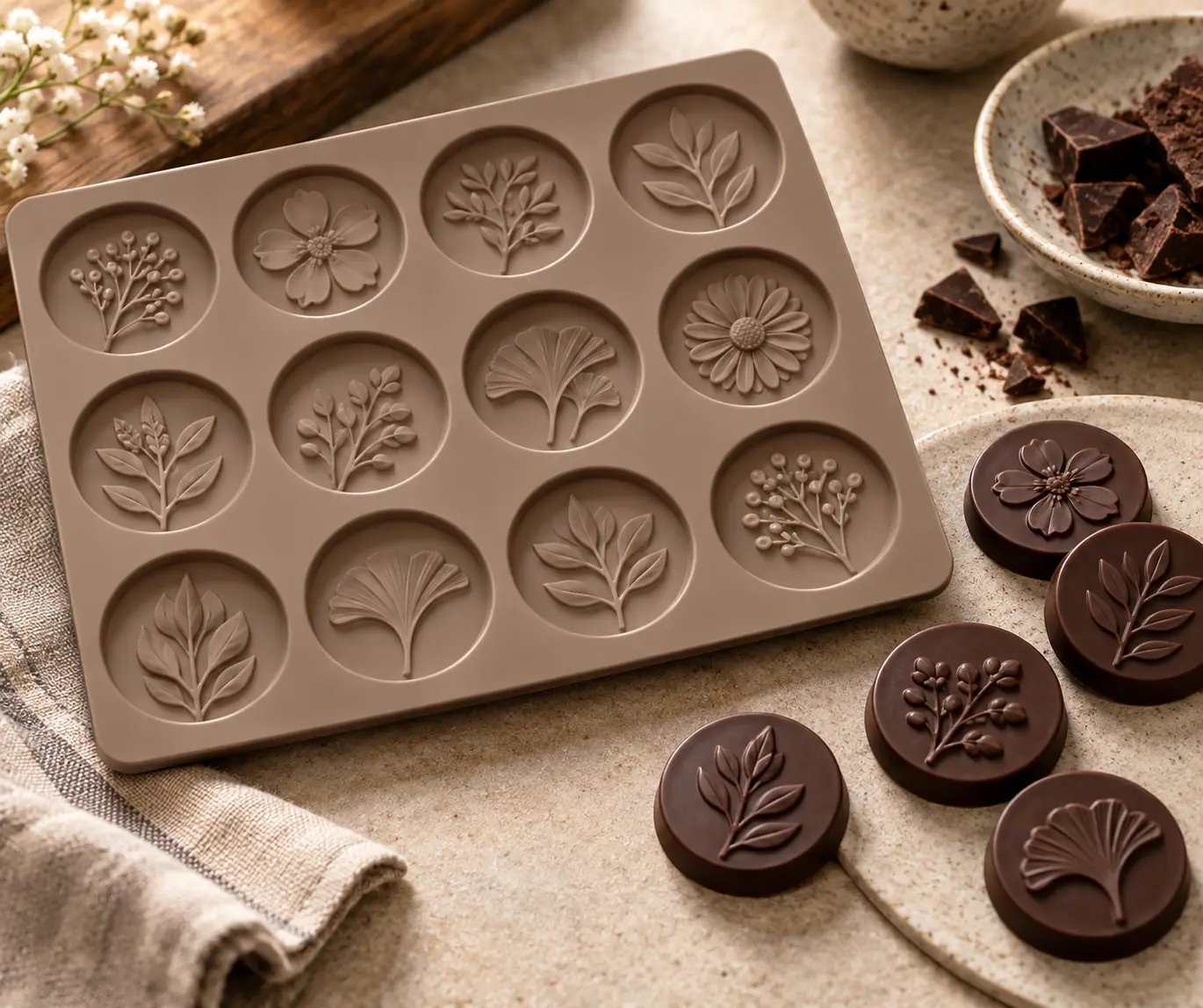 Taupe silicone botanical relief chocolate mold with dark chocolate medallions