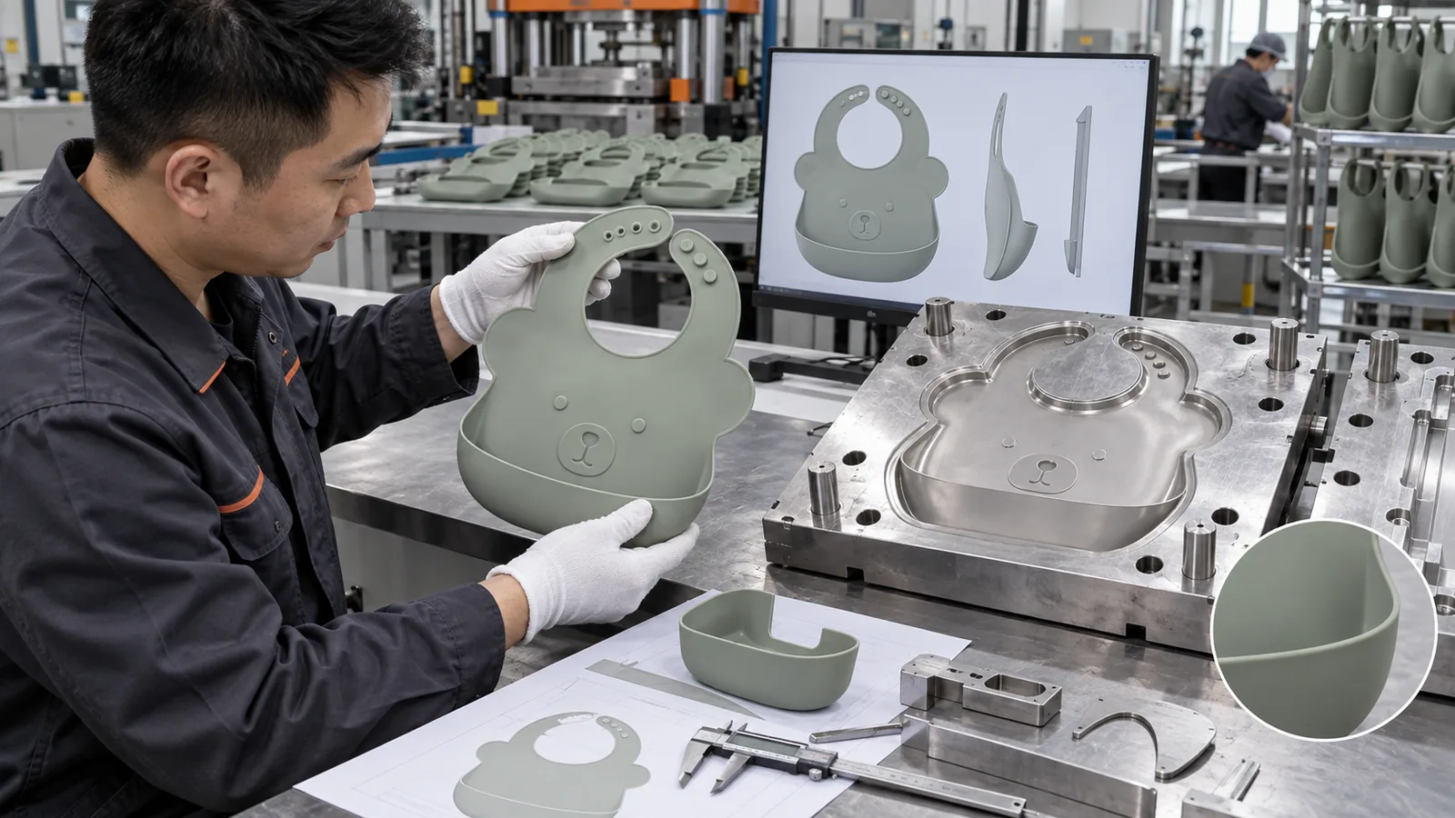 Engineer reviews animal-shaped silicone bib prototype CAD geometry and compression mold