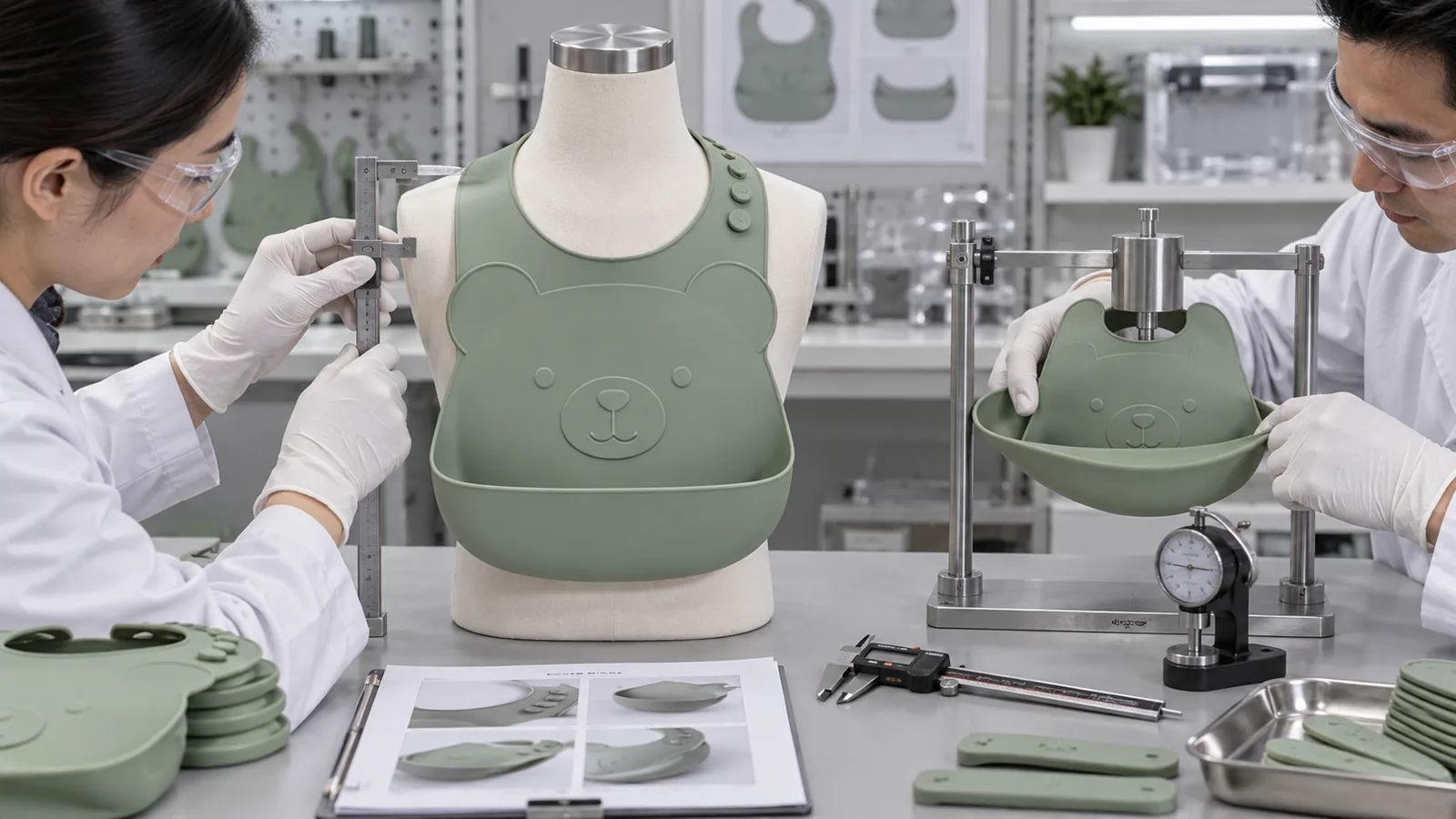 Quality team checks neckline fit shoulder profile and pocket recovery on an animal-shaped silicone bib